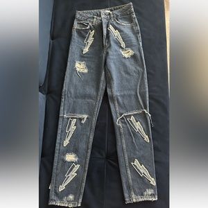 Sandro Paris Jeans, Pearl Embellished Lightening Bolt, size 34 dark wash